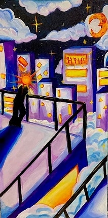 painting of a figure with the sun for a head looking out over the city at night.