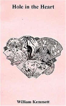 Book cover of "Hole in the Heart" by William Kemmett, featuring an illustration of a collage shaped like a heart on a pink background.