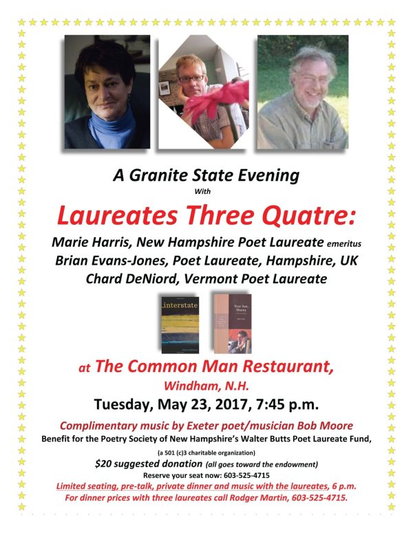 Poster for "Laureates Three Quatre" poetry event on May 23, 2017, at The Common Man Restaurant, Windham, NH, featuring four poets. Includes contact details and info about complimentary music and dinner.
