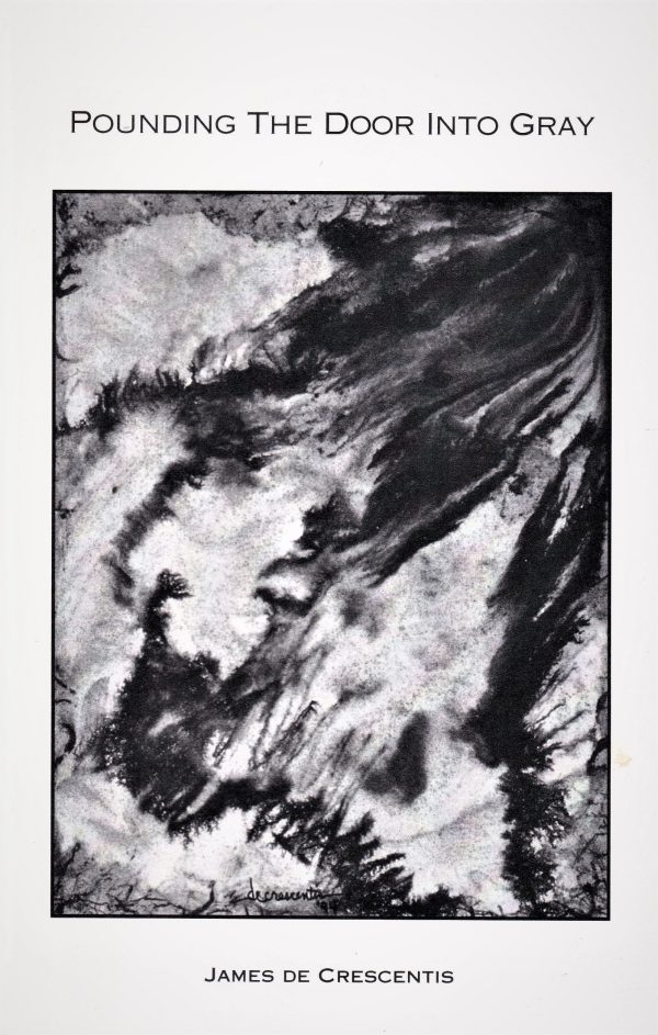 Book cover for "Pounding the Door Into Gray" by James De Crescentis (2015), showcasing an abstract black and gray illustration.