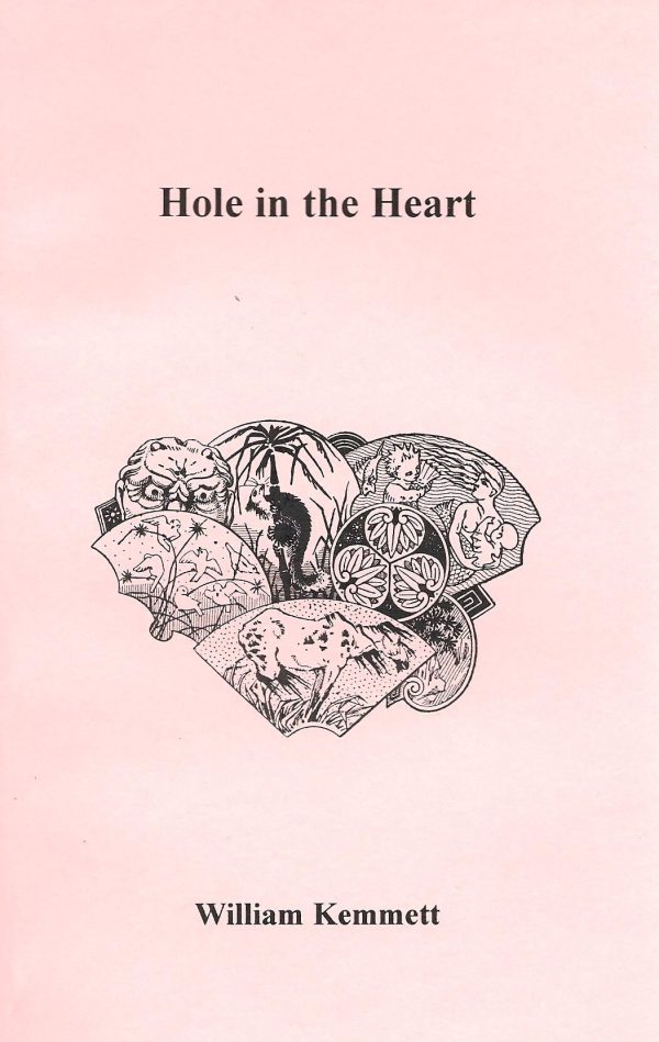 Book cover for "Hole in the Heart" by William Kemmett, 2001, showcasing a heart-shaped illustration filled with diverse animals and nature elements set against a pink background.