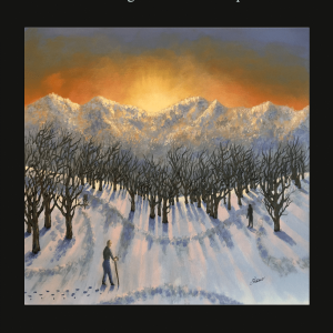 Book cover titled "Creative Death, an Octogenarian's Wordshop." It features a snowy landscape with trees and figures, against the backdrop of an orange sunset. Author: Jack Foley.