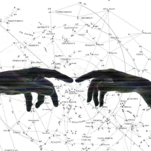 The book cover titled "Entangled: a collaboration across time and space" showcases two hands reaching towards each other over a star map background. Edited by Melinda A. Smith and deb Ewing, it is published by Igneus Press.