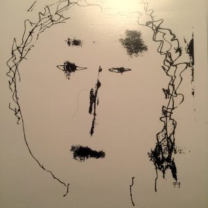 An abstract line drawing titled "The Indweller," created by Emporer of Mars in 2000, featuring a face with minimal features and wavy lines representing hair on a white background.