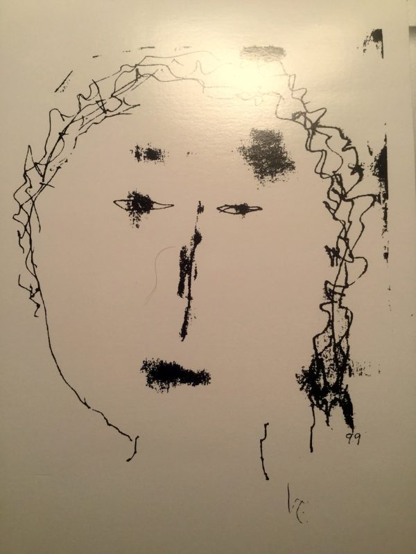 An abstract line drawing titled "The Indweller," created by Emporer of Mars in 2000, featuring a face with minimal features and wavy lines representing hair on a white background.