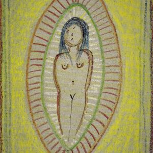 Magdeline Silences, by Vincent Ferrini from 1992, features an abstract depiction of a nude figure with long hair, enveloped in an oval design adorned with red, green, and yellow patterns.
