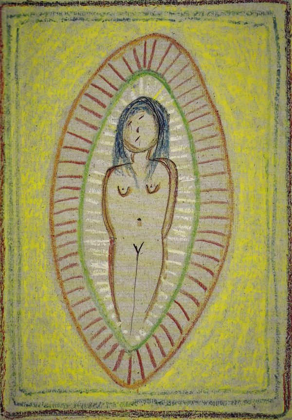 Magdeline Silences, by Vincent Ferrini from 1992, features an abstract depiction of a nude figure with long hair, enveloped in an oval design adorned with red, green, and yellow patterns.