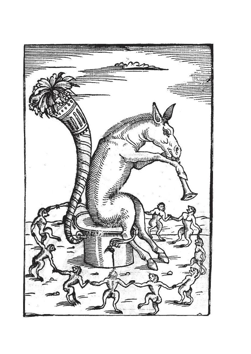 A whimsical illustration of a donkey playing a horn, seated on a pedestal, surrounded by small dancing human-like figures holding hands. A cornucopia with foliage extends behind the donkey.