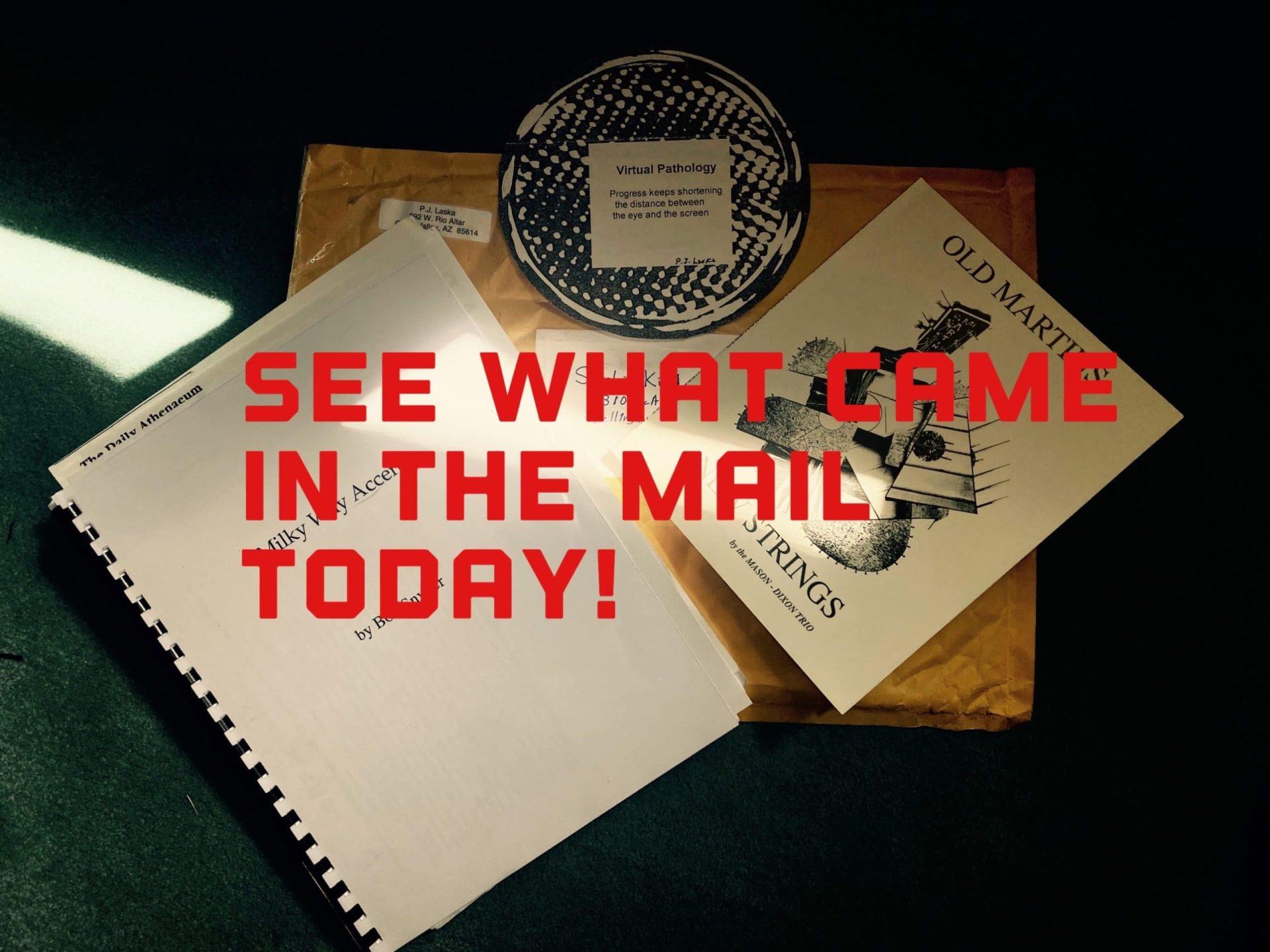 A package with a book manuscript, an envelope, a CD labeled "Virtual Pathology," and a booklet titled "Old Martin Strings." Text overlay reads, "SEE WHAT CAME IN THE MAIL TODAY!.