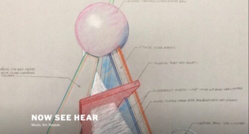 Sketch of abstract geometric shapes and lines with handwritten notes. Text reads "NOW SEE HEAR" followed by "Music. Art. Repeat.