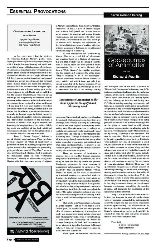 A newspaper page featuring an article titled "Goosebumps of Antimatter" by Richard Martin, with text columns, a book review logo, and a partial introduction to the reviewer's commentary.